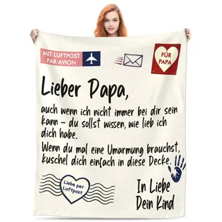 FestiKiva Kuscheldecke für Papa - Geschenk für Vater zum Vatertag & Geburtstag - Flauschige Luftpost Brief Design Wohndecke 150x130cm mit Spruch Lieber Papa (Retro-Gelb)