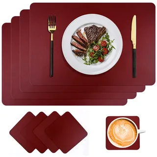 CLTPY Platzsets Abwaschbar 4er Set, 45x30cm Abwischbar Lederoptik Platzset und Untersetzer, Wein Rot Wasserdicht Tischsets Abwaschbar, Platzdeckchen Tischset für Hause Küche Restaurant und Hotel