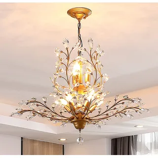 Ganeed Kristall Kronleuchter Vintage Pendelleuchte Kristall Kronleuchter Leuchten Deckenleuchte für Wohnzimmer Schlafzimmer Restaurant Veranda Flur Gold 8 Lichter