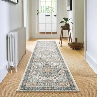 Carvapet Läufer Teppich 60x240cm rutschfest Lang Teppichläufer Waschbar Mikrofaser Vintage Medaillon Blau Teppich Flächenteppich Laufteppich