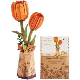 rowood 3D Puzzle Orange Tulpe, DIY-Blume Aus Holz, Modellbausätze Für Künstliche Blumen Zum Zusammenbauen Für Erwachsene, Beste Heimdekoration Und Valentinstags-Spielzeug-Geschenkset
