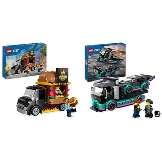 LEGO City Burger-Truck & City Autotransporter mit Rennwagen, LKW-Spielzeug mit Verstellbarer Laderampe und Renn-Auto, Bauset mit 2 Minifiguren, Rennfahrer und LKW-Fahrer, Kinder ab 6 Jahren 60406