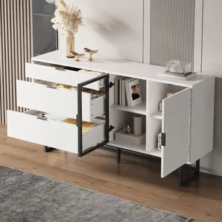MODFU Sideboard Aufbewahrungsschrank mit Drei Schubladen,Kommode mit LED-Lichtleiste und Glastüren, Für Esszimmer und Wohnzimmer,Weiß - Weiß