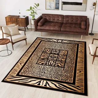 TAPISO Atlas Teppich Kurzflor Afrika Tiermuster Tiger Leopard Rahmen Braun Beige Schwarz Bordüre Wohnzimmer Schlafzimmer Modern Design ÖKOTEX 160 x 220 cm