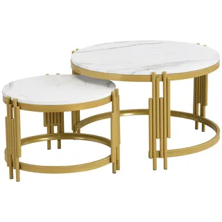 Urban Meuble Satztische Runde in Marmor-Optik Weiß & Gold , Schwarz , Holzwerkstoff , Rund,Rund , 71x44x72 cm , Wohnzimmer, Wohnzimmertische, Couchtische