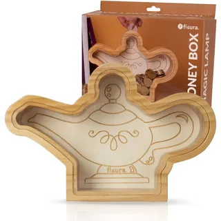 Fisura – Kinder-Spardose aus Holz in Form Einer magischen Lampe. Originelle transparente Spardose für Münzen und Geldscheine. Holz und Acrylglas Kinder. 25 cm x 15 cm.