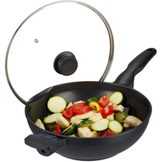 Relaxdays Wok Pfanne mit Glasdeckel 30 cm, Griffe, Antihaftbeschichtung, für Induktion, Gas-, Elektroherd, 4 l, schwarz