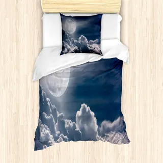 ABAKUHAUS Nachthimmel Mantele, Celestial Foto Full Moon, Milbensicher Allergiker geeignet mit Kissenbezügen, 135 cm x 200 cm - 80 x 80 cm, Dunkelblau Weiß - Weiß