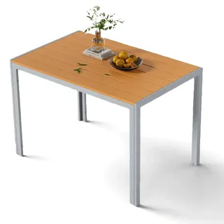 Clevich Gartentisch 110x70 cm aus Aluminium & WPC - Wetterfeste Balkontafel, hitze- und witterungsbeständig für Terrasse und Garten in Hellgrau + Teakbraun