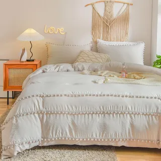 Freyamy Böhmen Bettwäsche 220x240cm 3teilig Beige Pom Pom Boho Chic Bettwäsche Gewaschene Microfaser Bettwaren-Sets Weiche Quaste Bettbezug mit Reißverschluss und 2 Kissenbezug 80x80cm