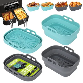 Alyvisun 4 Stück Airfryer Silikon Basket Wiederverwendbar Backform Air Fryer Silikonformen Rechteckig Einsatz Heissluftfritteuse Zubehör Mold, Silicone, Blau+Grau