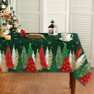Artoid Mode Grün Schneeflocken Bäume Sterne Weihnachten Tischdecke 140x200 cm, Winter Fleckschutz Tischwäsche Küche Dekoration Party Dekor