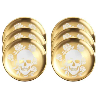 XIAOYU 6er-Pack Halloween-Skelett-Edelstahl-Essteller, runde Metallteller im Totenkopf-Gothic-Stil, einzigartiges Totenkopf-/Blumenmuster, Metallgeschirr für Abendessen, Partys und Camping