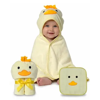 HECKBO Baby Handtuch Kapuze Küken inkl. Waschlappen, ab 0 Jahre, Neuheit: 2 Druckknöpfe, Baby Geschenk Mädchen Jungen, weiches saugfähiges Material 90x100cm Kinder Badetuch Bademantel Kapuzenhandtuch