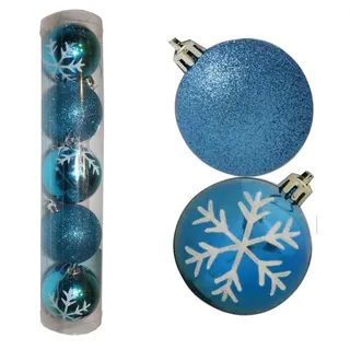 Weihnachtsbaum Deko 5er Set 60 mm Schneeflocken & Glitzer Kugeln - Blau