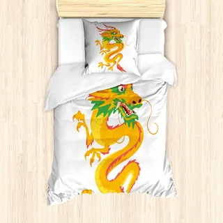 ABAKUHAUS Drachen Bettbezug Set für Einzelbetten, Wildes Tier Cartoon-Entwurf, Milbensicher Allergiker geeignet mit Kissenbezug, 135 cm x 200 cm - 80 x 80 cm, Fern Grün Orange - Grün