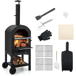 Fantask Outdoor Pizzaofen mit eingebautem Thermometer, holzbefeuerter Pizzaofen mit praktischem Griff, Rädern, wasserdichtem Deckel & Ascheauffangschublade
