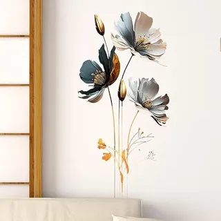 Flaxarne Blaues Blumen Wandtattoo mit Goldenen Akzenten – Großes Wandsticker für Wohnzimmer, Schlafzimmer und Büros – Moderne Wanddekoration für jedes Zuhause