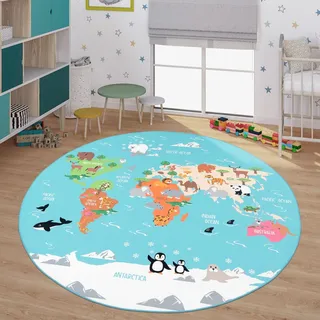 TT Home Weltkarte Mit Tieren Kinderteppich Ø 200 cm Grün