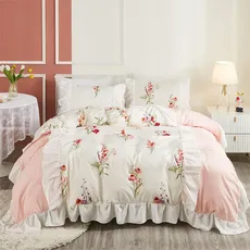 Freyamy Rüschen Bettwäsche 200x220cm 3teilig Weiß Rosa Blumen Wendebettwäsche Microfaser Weiche Bettwaren-Sets Romantisch Mädchen Bettbezug mit Reißverschluss und 2 Kissenbezug 80x80cm