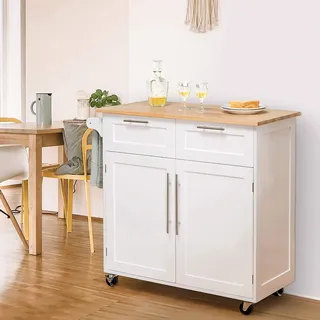 Küchenwagen mit Arbeitsplatte, Küchenschrank auf Rollen, Servierwagen Holz mit Handtuchhalter, bewegliche Kücheninsel, Küchen Rollwagen mit 2 Schubladen, Küchentrolley Gemüsewagen (weiss) - Weiß
