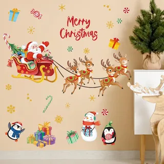 FUFUQUARE Frohe Weihnachten Santa Claus Rentier Wandaufkleber Aquarell Weihnachten Pinguine Schneemann Wandtattoo Abziehen und Aufkleben Abnehmbare PVC Winter Party Zubehör
