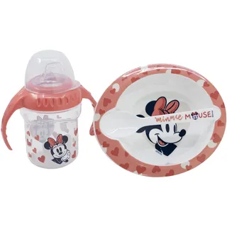 Disney Minnie Maus Geschenk-Set für Kinder, aus BPA-freiem Kunststoff und Silikon, mit Babyflasche, Schüssel und Löffel, waschbar und wiederverwendbar