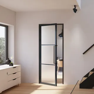 Schulte Zimmertür Komplettset, 830x2115 mm, DIN Links, Glastür satiniert mit Beschlag und Zarge aus Stahl schwarz, Drehtür mit Griffstange - Schwarz