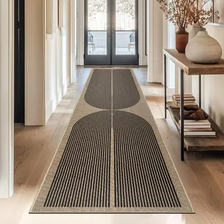 Capslpad Teppich Läufer Flur 80x300cm Jute Aussehen KüchenTeppich Natürlich Waschbar Teppich Schwarz rutschfest Küchenläufer Korridor läufer Flur Küche,Schlafzimmer, Balkon