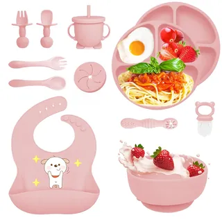Bizcasa 8 Stück Silikon Baby Geschirrset, Rutschfest Kindergeschirr Set, Kindergeschirr mit Saugnapf, Rutschfest Baby Schüssel,Baby-Teller, Baby-Besteckset für Kleinkinder, BPA Frei (Hellrosa)