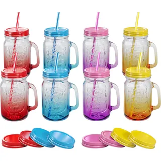 WELLGRO Trinkgläser Set 8x 500 ml mit Deckel & Strohhalm – Mason Jar Gläser Farbverlauf für Cocktails, Eistee, Limonade, Saft, Wasser & Smoothies