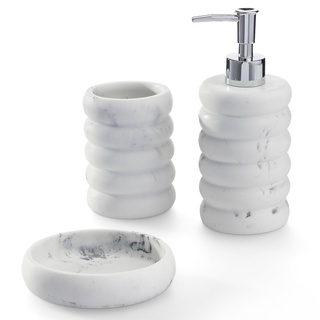 Navaris Badezimmer Seifenspender Set - 3er Set Badezimmer Accessoire - Seifenspender - Seifenschale - Zahnbürstenhalter - Weißer Marmor - Wellenförmig