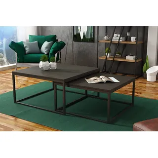 Quadratischer Couchtisch DAKAR 2in1 für Wohnzimmer mit Metallbeinen im Loft-Stil, 76cm / 66cm, Farbe: Dunkel Beton / Schwarz - Dunkelgrau