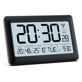 LATEC Wecker Digital Funkuhr, Funkwecker mit DCF-77, Wanduhr und Tischuhr mit 7,5" LCD Bildschirm, Wochentag(7 Sprachen), Hintergrundbeleuchtung, Kalender, Temperatur(Inklusive Batterie)