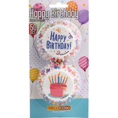 DECOCINO Muffinförmchen Happy Birthday 50 Stk - Ø 5 cm - Papier Cupcake-Förmchen mit verschiedenen Motiven als ideale Back-Deko für Kinder-Geburtstage