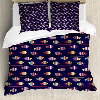 ABAKUHAUS Fisch Bettbezug, Regenbogen Gemusterte Tiere, Milbensicher Allergiker geeignet mit Kissenbezügen, 200 cm x 200 cm - 80 x 80 cm, Mehrfarbig