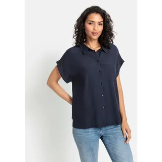 Hemdbluse LASCANA, Damen, Gr. 32/34, blau (marine), Web, Obermaterial: 58% Viskose, 28% Baumwolle, 14% Leinen, unifarben, figurumspielend hüftlang, ohne Ausschnitt, mit Umschlag, Blusen Hemdbluse, aus Leinenmix mit Knopfleiste, Kurzarmbluse, Leinenbluse