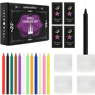 Zauberkerzen 48er-Set mit 4 passgenauen Selenit-Halterungen – Stabkerzen Bunt für Hexerei, Rituale, Meditation, Altar – Kein Kippen, sicheres Abbrennen
