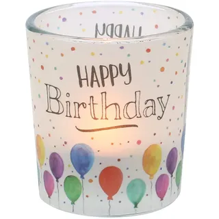 Dekohelden24 Windlichtglas mit Motiv auf Einer transparenten Banderole, inkl. 1 Teelicht, H/Ø: 6,5 x 6 cm, Motiv: Happy Birthday.
