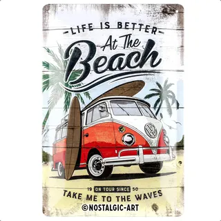 Nostalgic-Art Retro Blechschild, 20 x 30 cm, VW Bulli Beach – Volkswagen Bus Geschenk-Idee, Original Lizenzprodukt (OLP), aus Metall, Werkstatt-Deko im Vintage Design, Blechschilder Sprüche