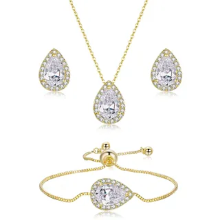 EVER FAITH Cubic Zirkonia Schmuck Set für Braut Hochzeit Teardrop funkelnde Anhänger Halskette Ohrringe Armband für Damen Party Klar Gold-Ton