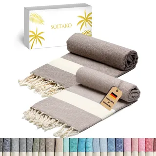 SOLTAKO Fouta Diamant Premium Hamamtuch 100x200 cm, 100% Baumwolle, schnelltrocknend & saugfähig, Strandtuch, Saunatuch, Badetuch, 2er Set Taupe/Cappuccino