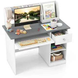 FANTASK Schreibtisch Kinder, 90 x 45 x 90 cm, Kinderschreibtisch Holz mit Schublade, Tastaturablage & Bücherregal, Multifunktionaler Jugendschreibtisch für Kinder ab 3 Jahren (Grau)