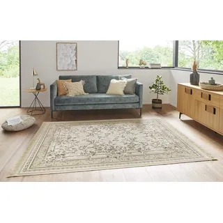 Nouristan Naveh Orient Teppich – Wohnzimmerteppich Orientalisch Kurzflor mit Fransen Vintage Orientalischer Samt-Teppich für Esszimmer, Wohnzimmer, Schlafzimmer – Creme Beige, 195x300cm