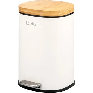 eluno Kosmetikeimer FRAMURA, Treteimer 5 Liter Fassungsvermögen aus weißem Metall und Bambus