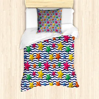 ABAKUHAUS Nautisch Mantele, 3D Sterne gewellte Streifen, Milbensicher Allergiker geeignet mit Kissenbezügen, 135 cm x 200 cm - 80 x 80 cm, Mehrfarbig