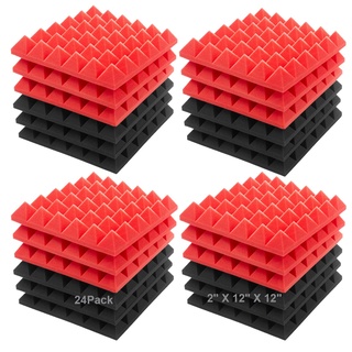 JBER Akustikschaumstoff-Platten, 5,1 x 30,5 x 30,5 cm, Schalldämmbehandlung, Studio-Wandpolsterung, Schalldämmend, Feuerfeste Pyramiden-Keilfliesen 24 Pack Rot/Dunkelgrau