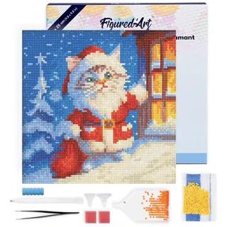 Figured'Art Mini Diamond Painting Erwachsene 25x25cm Mit Rahmen Ganze Leinwand gespannt Weihnachtskätzchen 5D Bilder Runde Steine - DIY Set Basteln