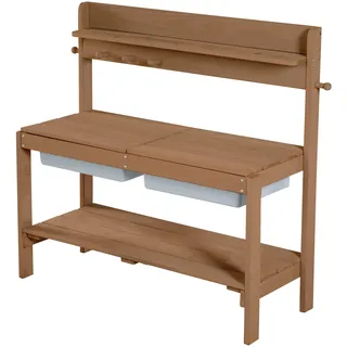 roba Kinder Outdoor Gartenküche Fun - Holz Matschküche mit Abnehmbarer Abdeckung - 2 Kunststoff-Wannen & Ablage - Wetterfester Arbeitstisch/Spielküche für draußen - Teak, 1 Stück (1er Pack)