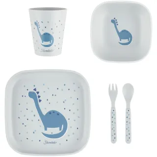 Sterntaler Geschirrset Dino Rexi - Baby und Kindergeschirr in eckiger Form ideal zum Füttern und selbständigen Essen lernen - robustes Geschirr aus lebensmittelechten Material, graublau
